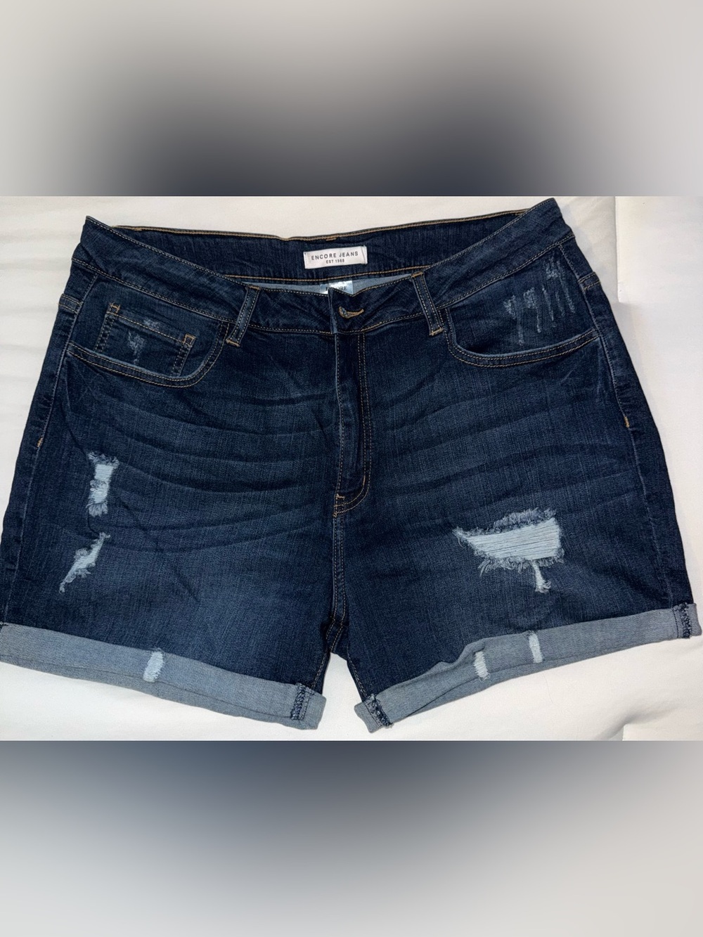 Encore Jeans Dark Indigo Distressed Rolled Cuff Women's Jean Shorts